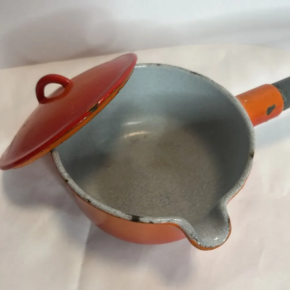 Vintage 60s DESCOWARE Butter Warmer Pot Flame Orange with SPOUT and LID